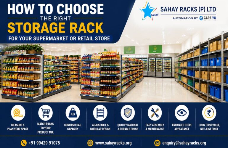 Premium supermarket storage racks and retail store shelving solutions by Sahay Racks for organized product display and efficient space utilization.