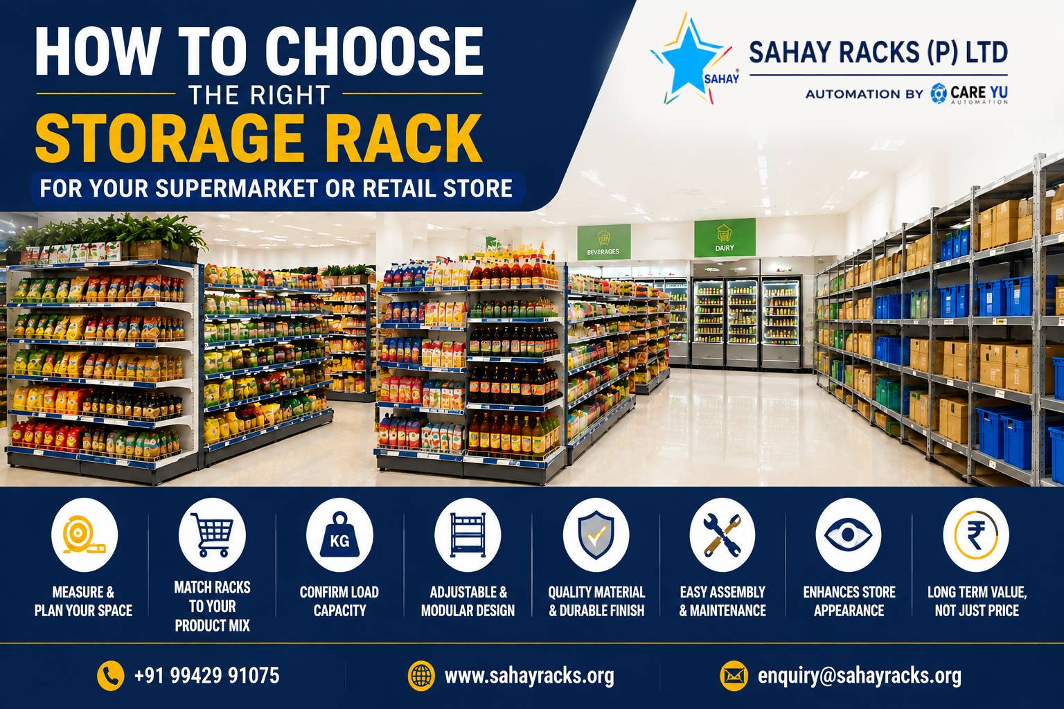 Premium supermarket storage racks and retail store shelving solutions by Sahay Racks for organized product display and efficient space utilization.