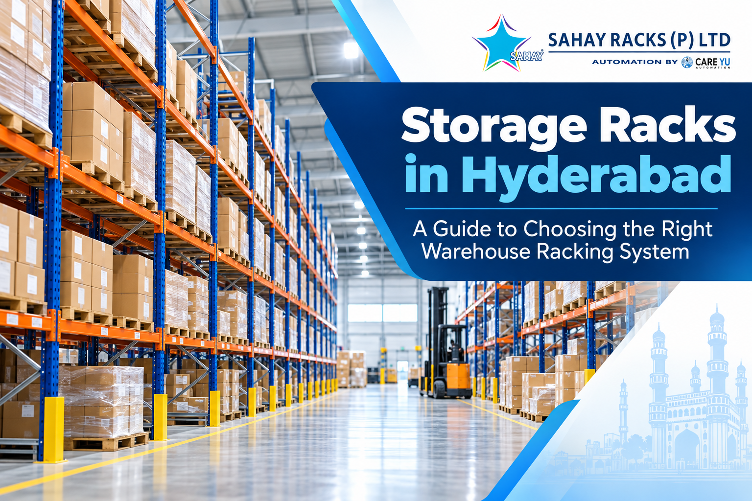 Storage racks in Hyderabad featuring heavy duty warehouse pallet racking systems by Sahay Racks.