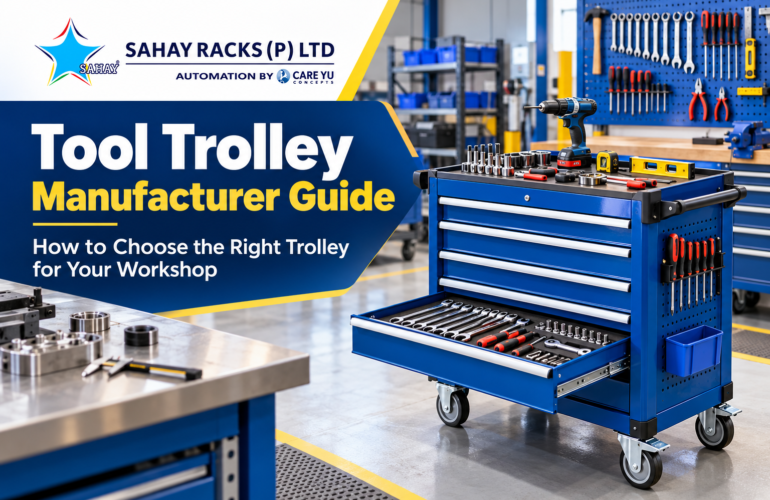 Tool trolley manufacturer guide by Sahay Racks featuring a heavy-duty steel tool trolley with drawers, wheels, and organized workshop tools.