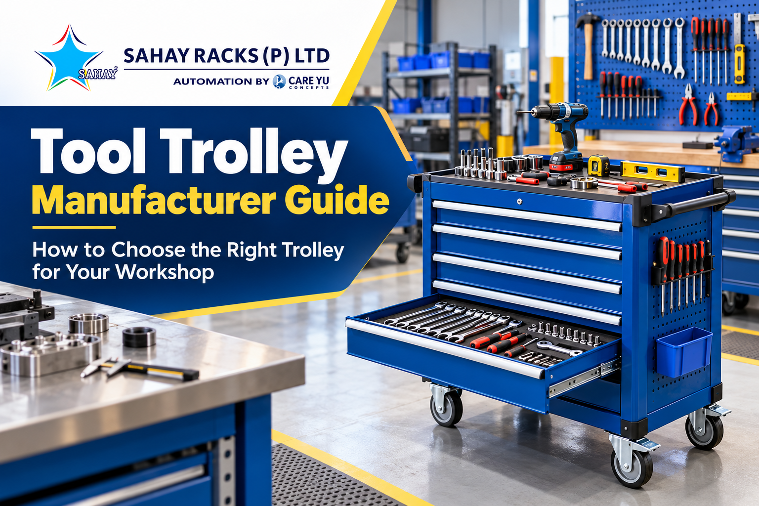 Tool trolley manufacturer guide by Sahay Racks featuring a heavy-duty steel tool trolley with drawers, wheels, and organized workshop tools.
